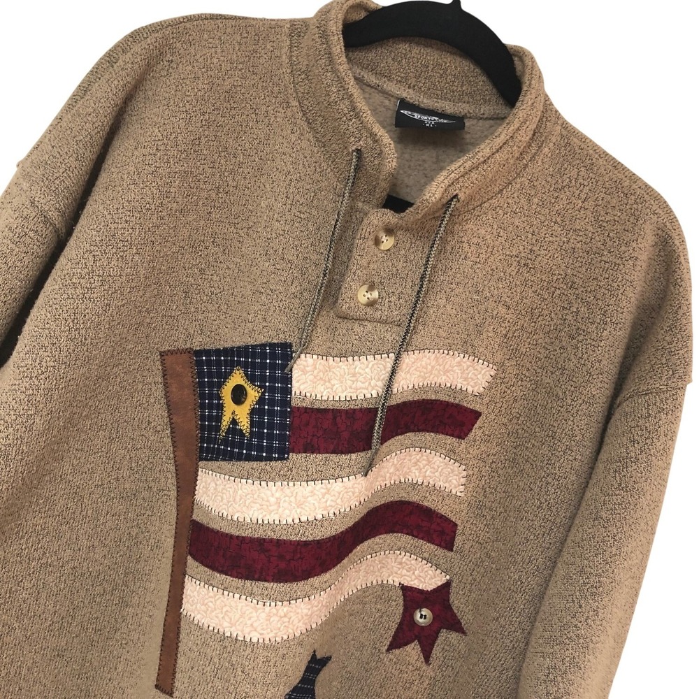 Exist Sports Womens XL Americana USA Flag Henley Pullover‎ Patchwork Applique